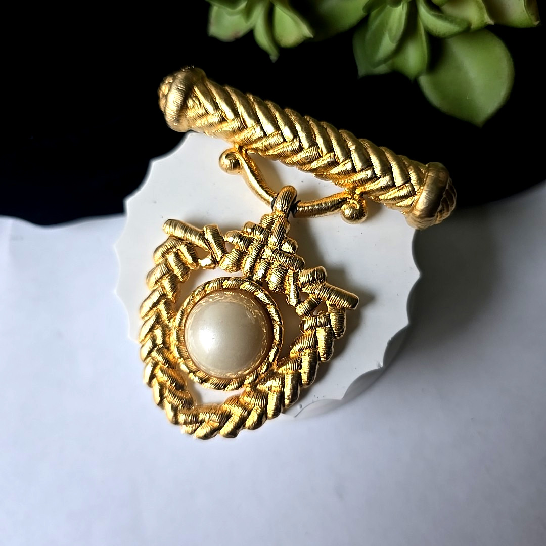 Vintage 80s Gold Tone Faux Pearl Dangle Medal Pin Brooch