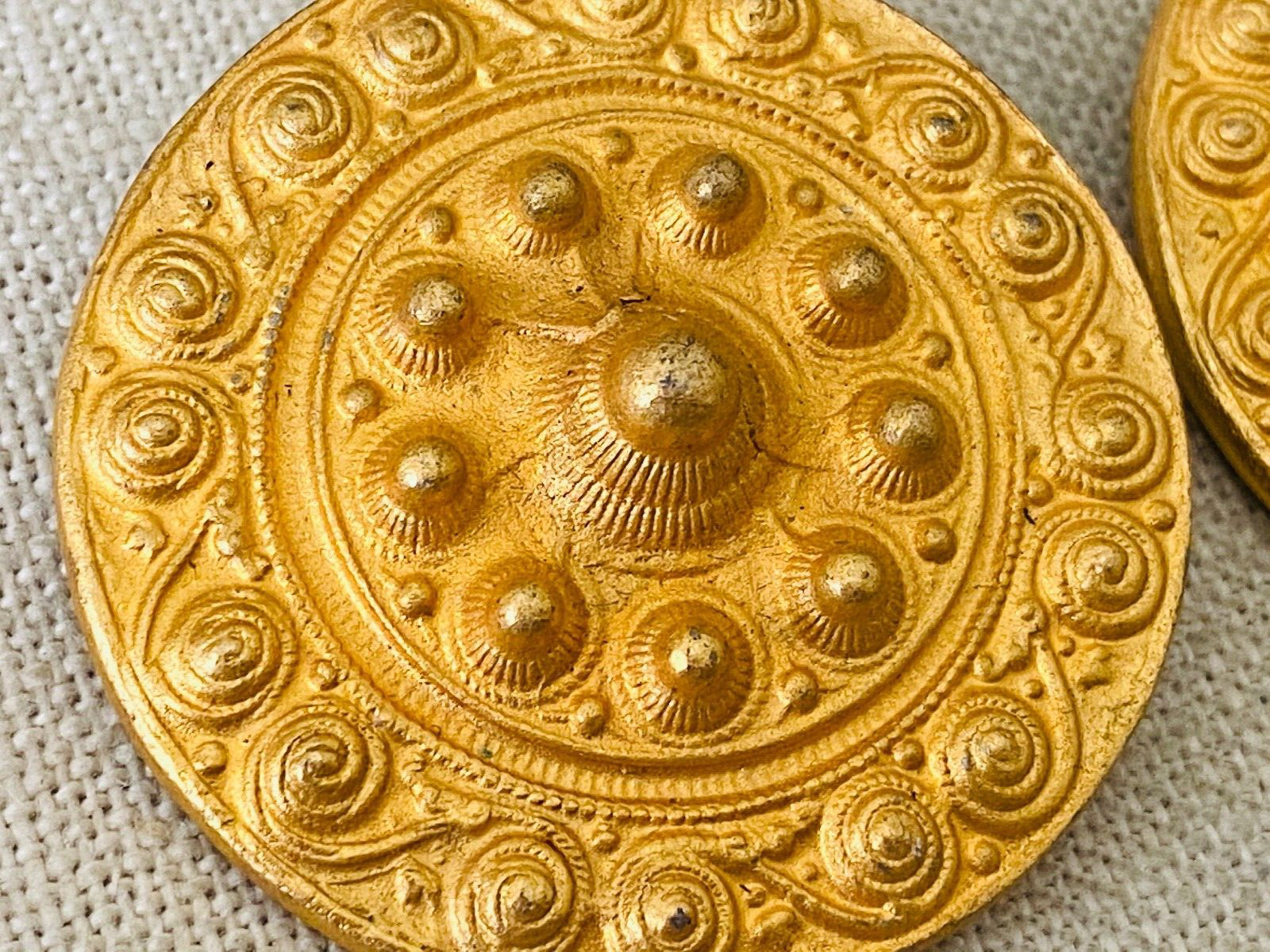 LARGE Vintage 1980s Signed Les Bernard Gold Tone ETRUSCAN Clip On Earrings