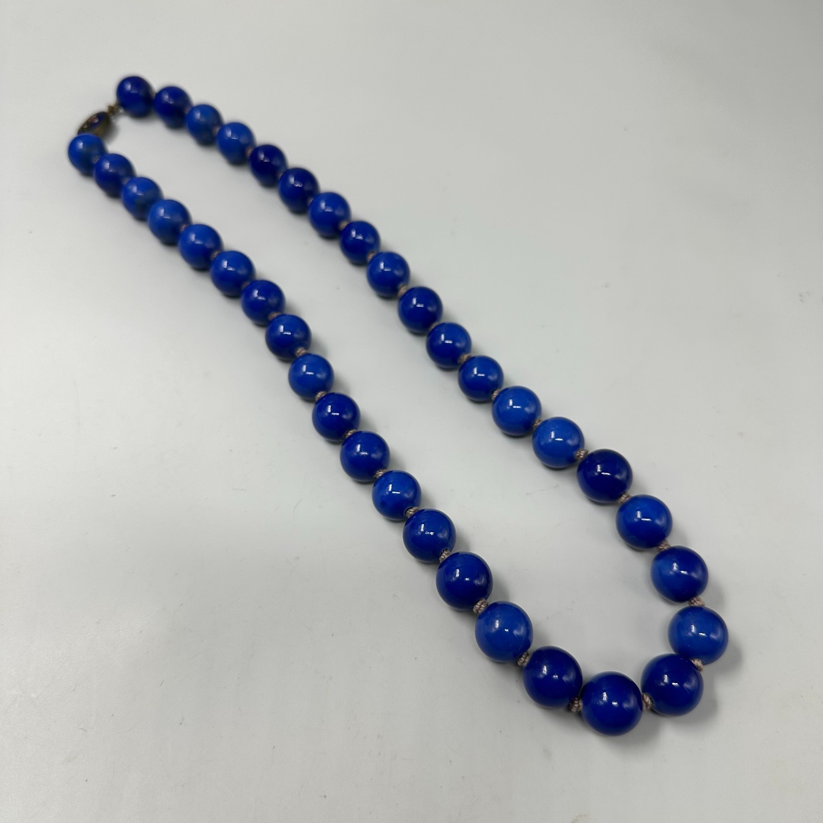Vintage Chinese Peking Blue Glass Bead Necklace Hand Knotted Cloisonne Clasp 26″