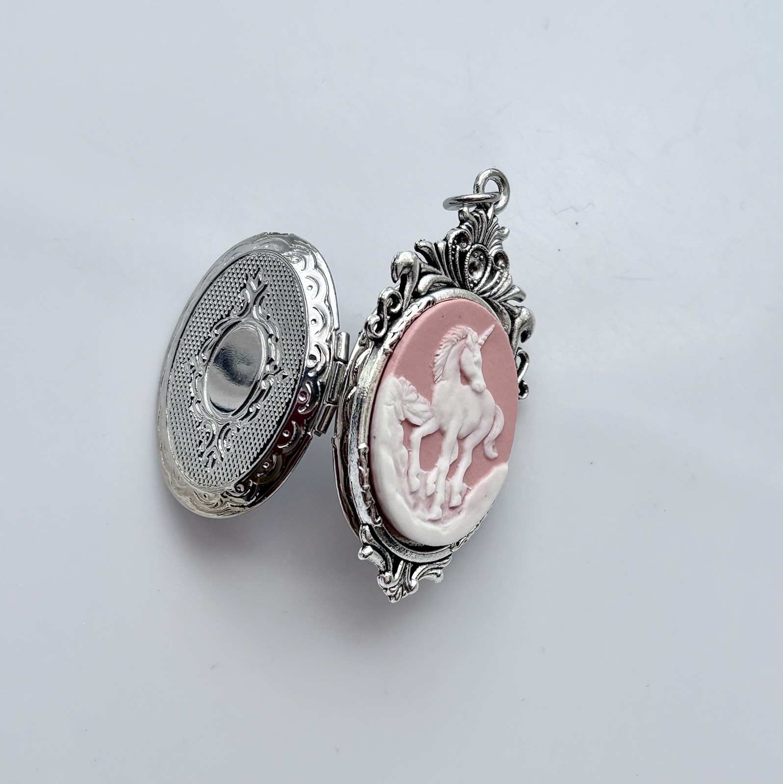 Pink Unicorn Cameo HIDDEN LOCKET Necklace, Vintage Secret Pillbox Pendant