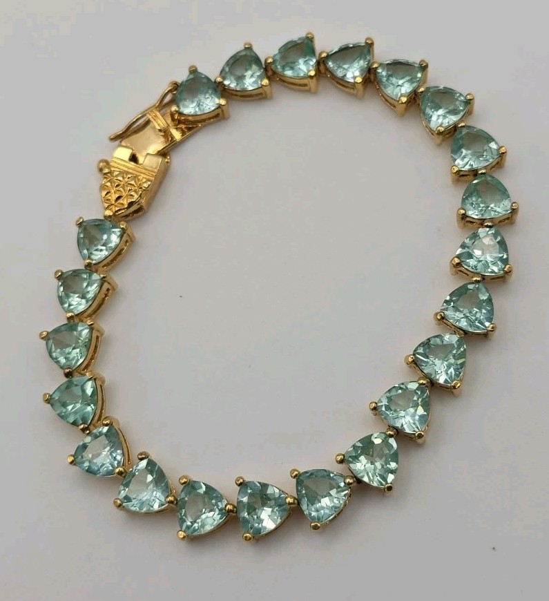 Aqua Blue Green Gold Vermeil Trillion Cut Faux Aquamarine Tennis Bracelet 6.75″