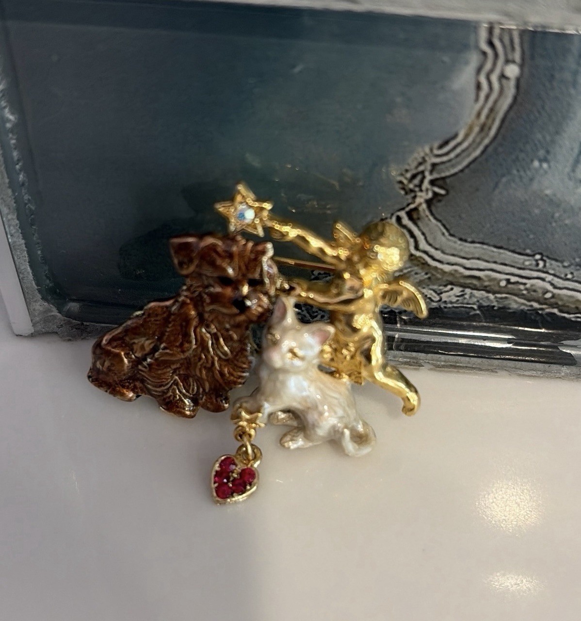 Retired Kirk’s Folly Rainbow Bridge Pin Dog And Kitty With Angel