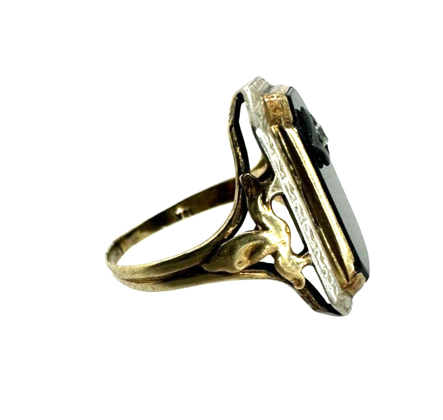 Vintage 10K Yellow and White Gold Black Onyx Diamond Ring Size 6.75