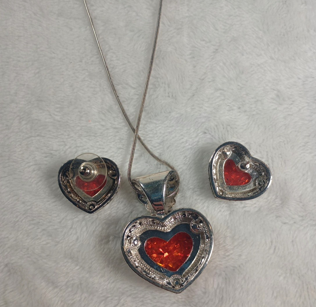 Vintage Silver Tone Amber Heart Necklace Earrings Set Romantic Valentine
