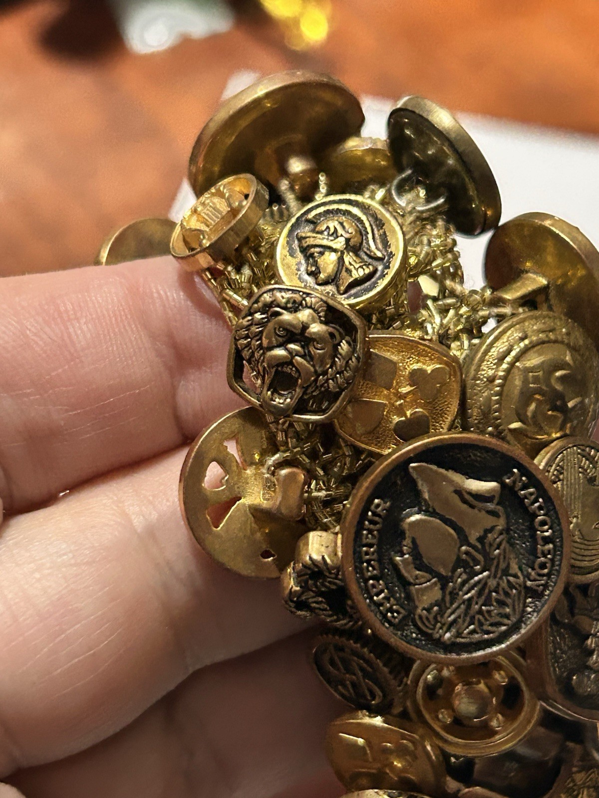 Vintage Mid-Century Buttons Bracelet Stretchy Crochet Gold Tone Victorian Style