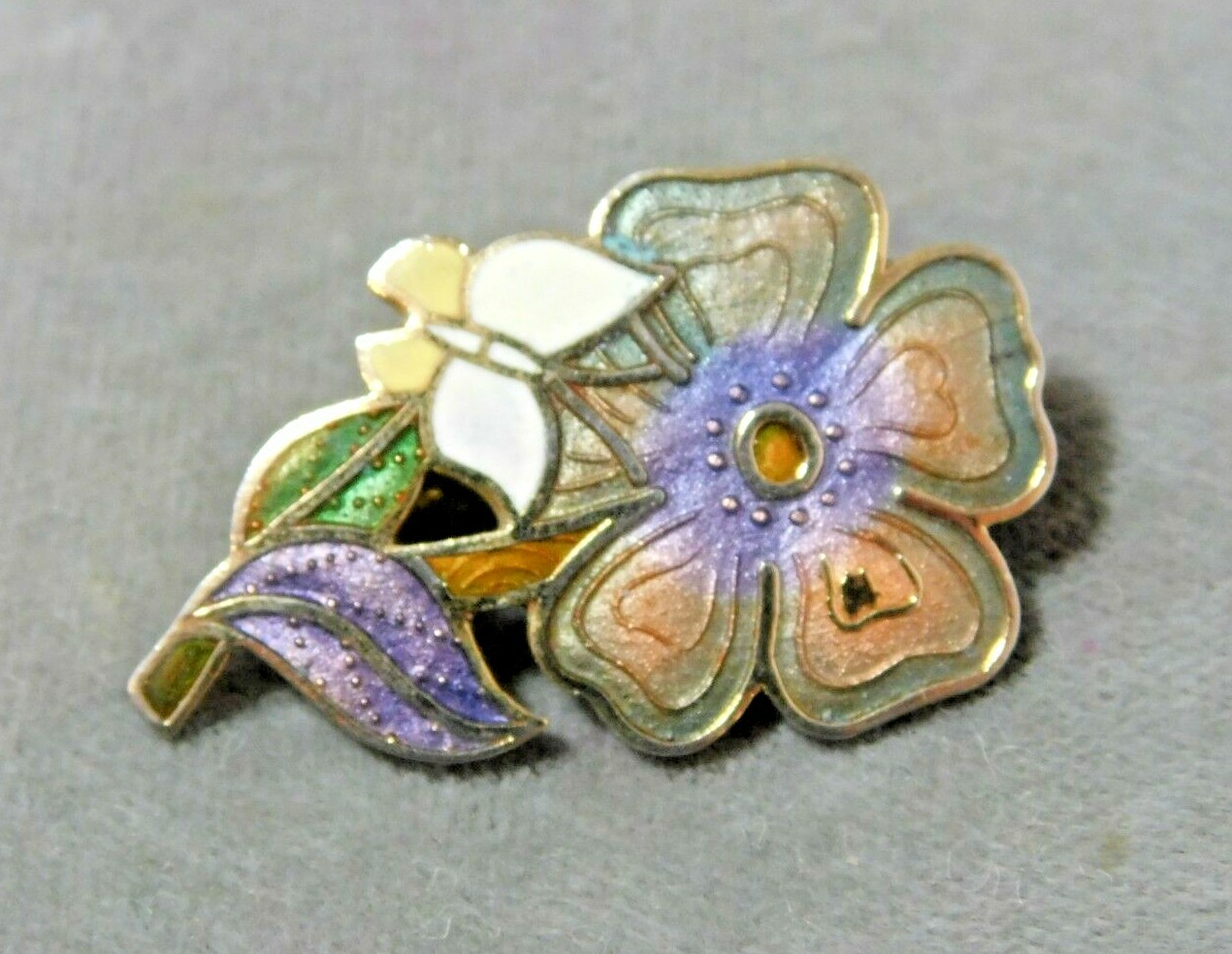 Vintage Purple Green White Daffodil Flower Butterfly Cloisonne Enamel Brooch