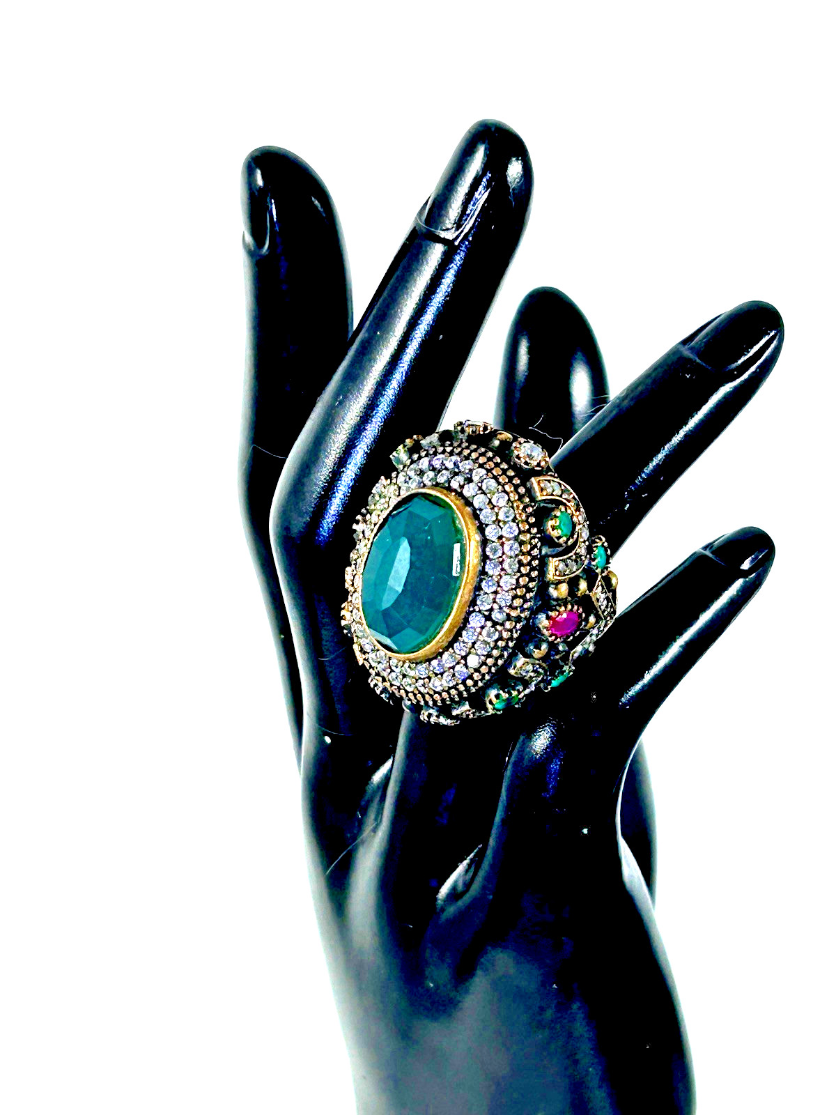 Vintage Stunning Large Royal Green Center & Small Accent Stones Ring Sz 8