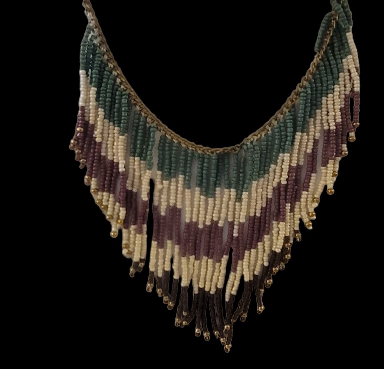 Vintage Fringe Bib Green Brown Seed Bead Necklace Boho Southwest