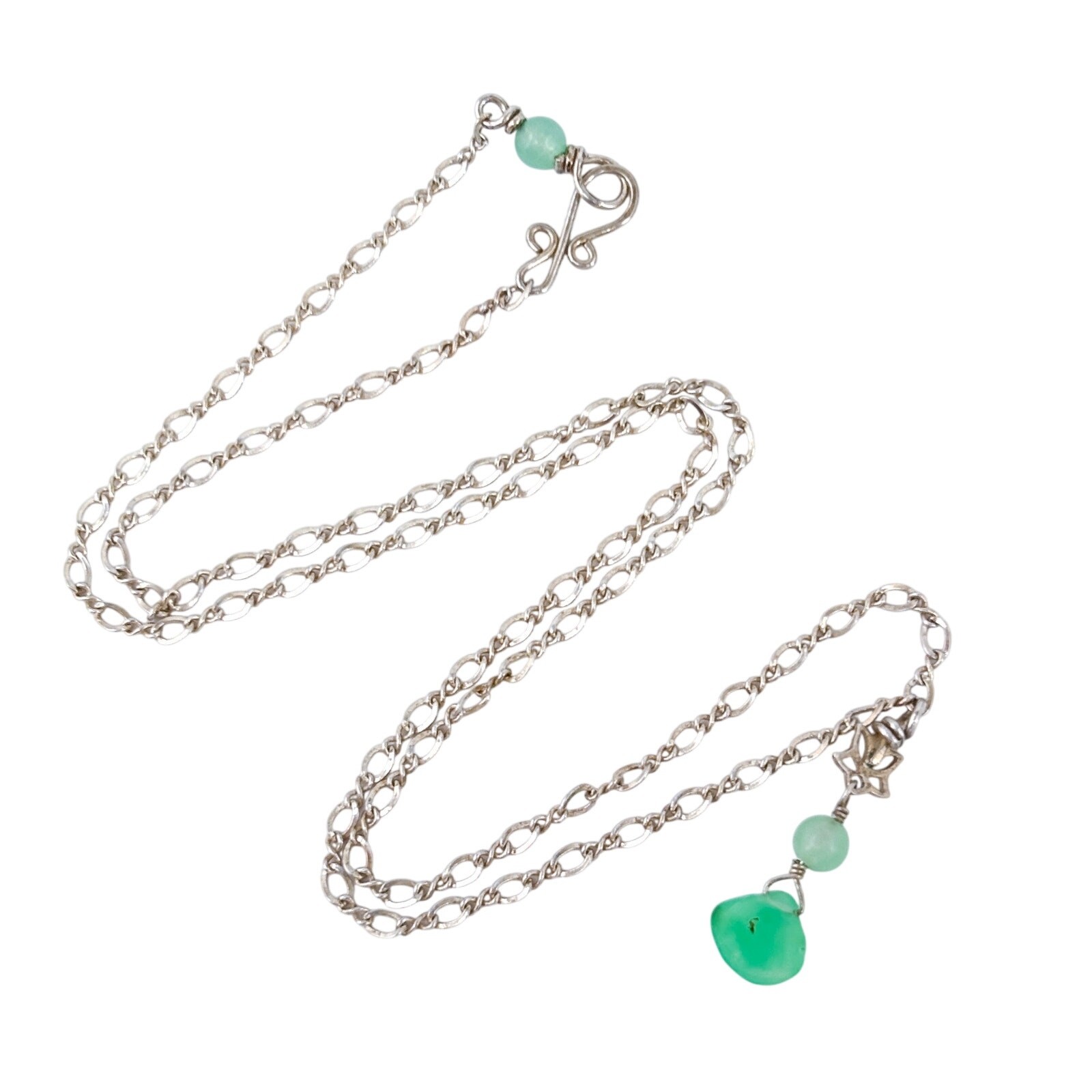 Vintage Silver-Tone Green Glass Double Drop Chain Necklace 18″
