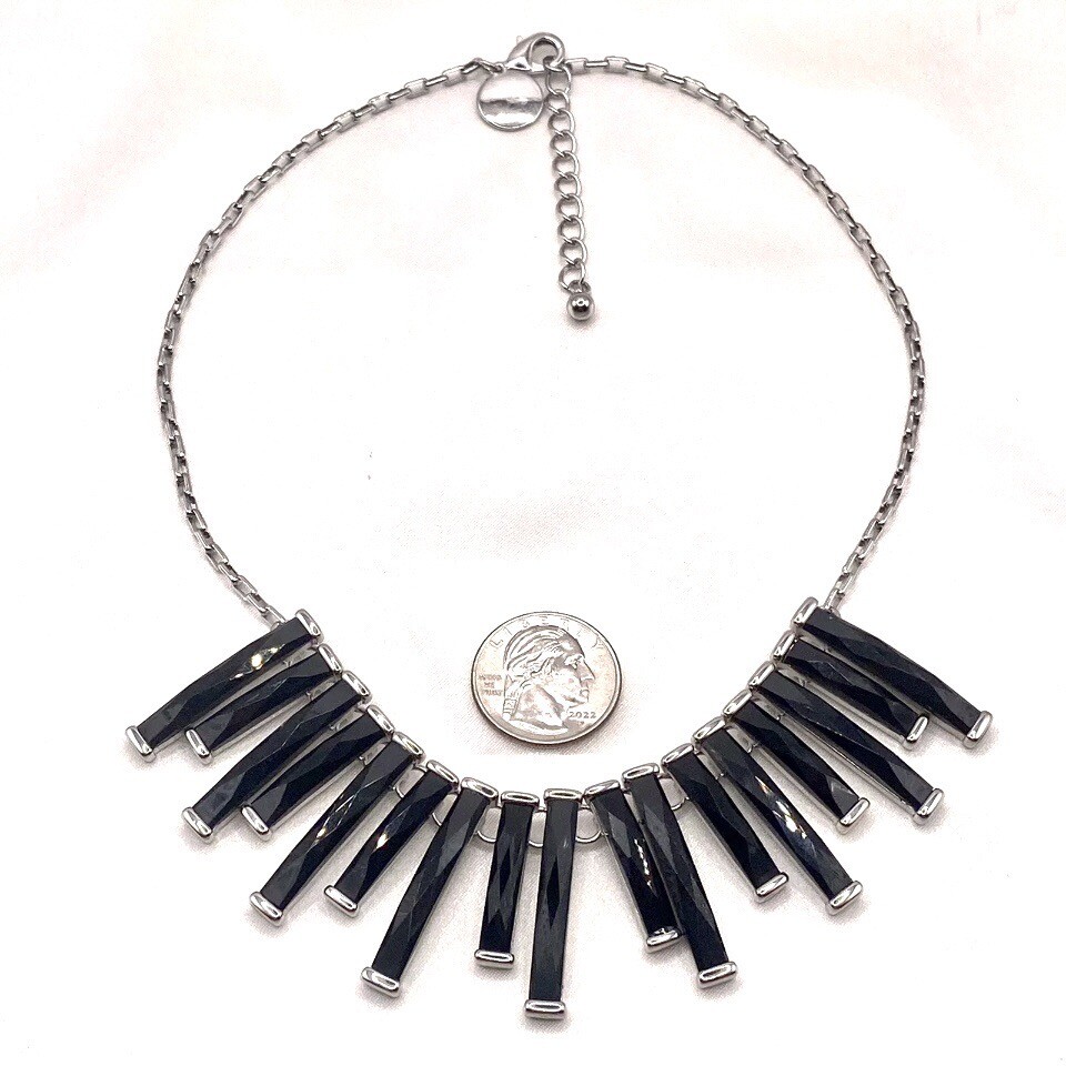Vtg WHBM Silvertone Necklace Choker Bib Black Steam Punk Boho Gothic Retro G