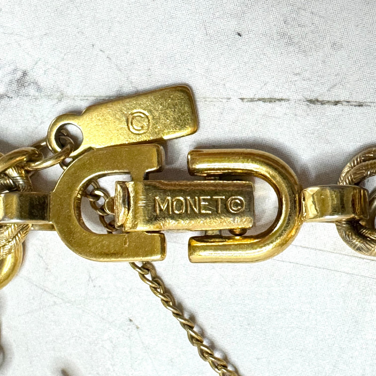 Vintage Monet Charm Bracelet Gold Tone Double Link 6 Charms Globe Kitten Cross