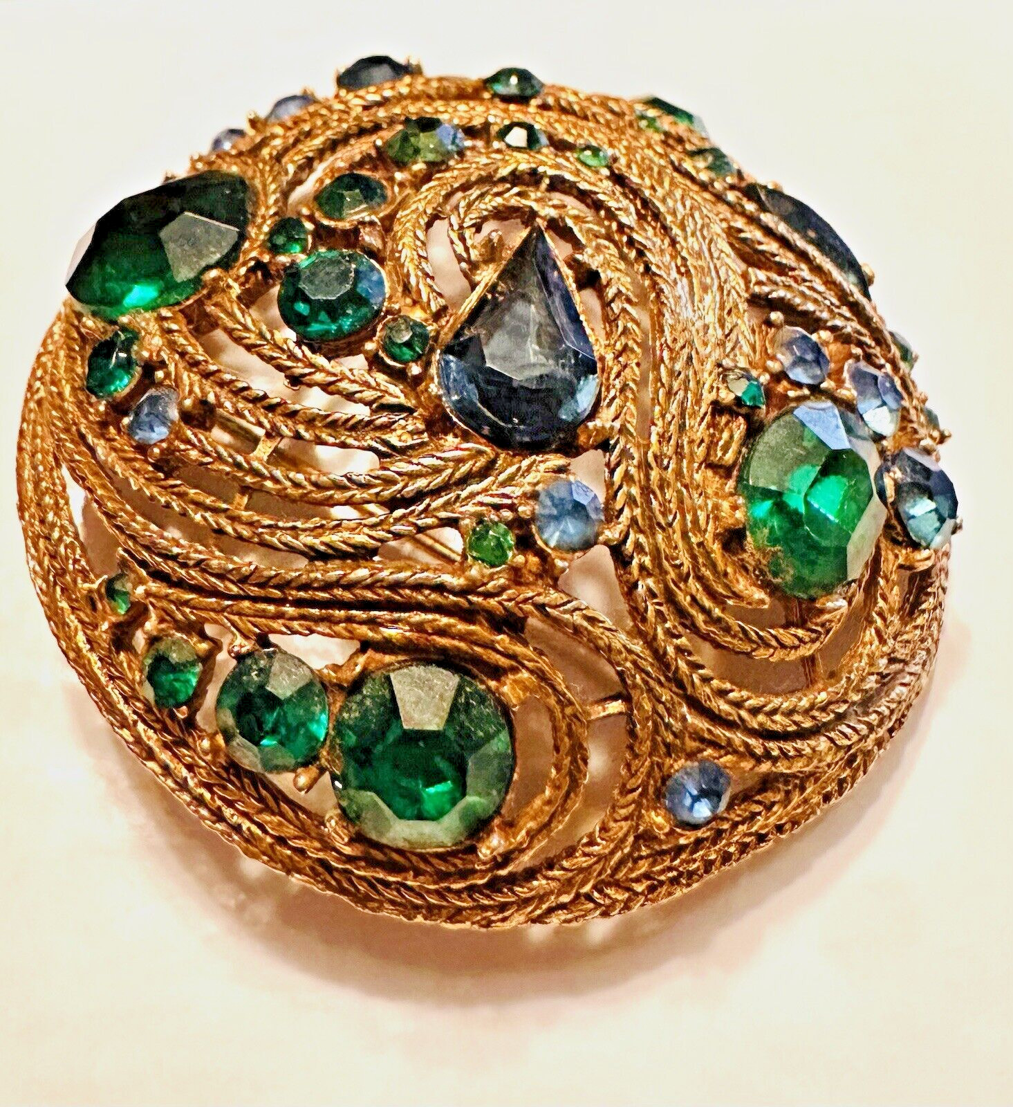 Vintage Statement MCM LA ROCO Circular Green Blue Rhinestone Brooch