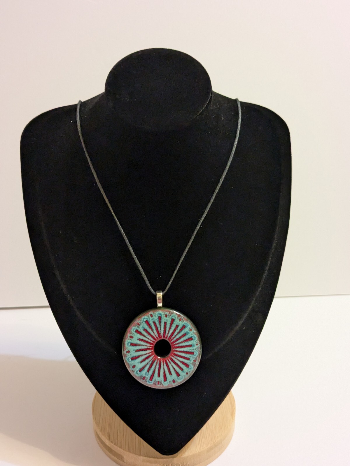 Round Multicolor Resin Pendant And Black Cord Necklace. FLAWED Cord.