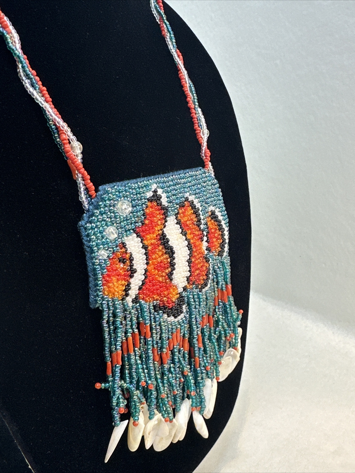 Vintage Handmade Orange Fish Sead Bead Southwestern Necklace With Fringe-Shells