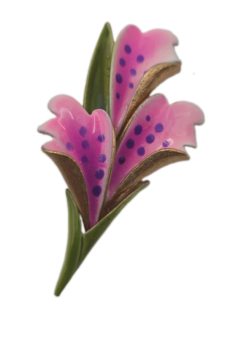 Vintage Corocraft Enameled Pink Purple Lily Orchid Retro Brooch Gold Tone Signed