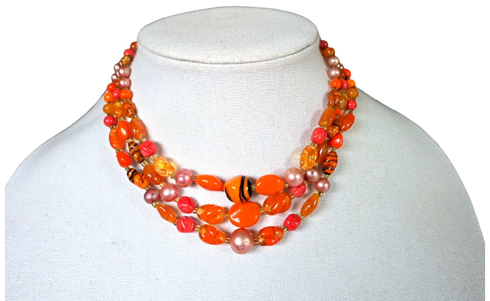 Vintage Japan 3 Multi-Strand Beaded Necklace Orange Pink Art Glass Beads