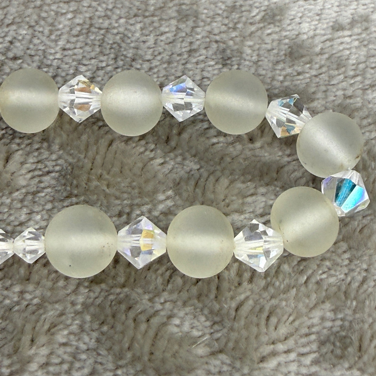 Vintage Frosted Glass AB Crystal Pearl Beaded Necklace Filigree Clasp Iridescent
