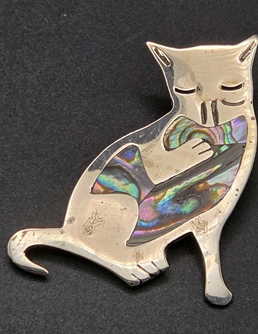 Vintage Alpaca Silver Abalone Inlay Cat Pin Marked Mexico Alpaca