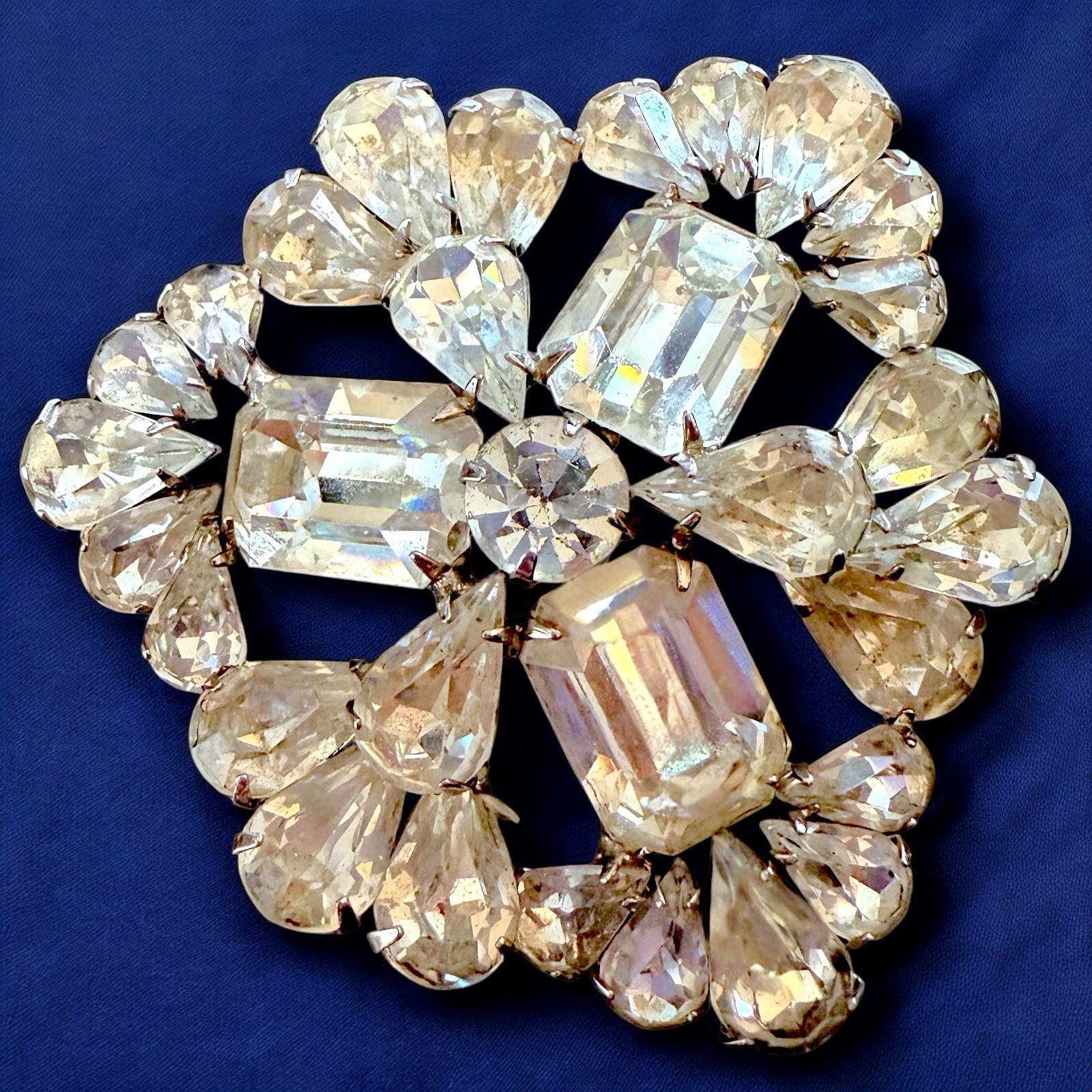 Extra Large Rhinestone Brooch Pin Mid Century Floral Spray Clear Rhodium Plated