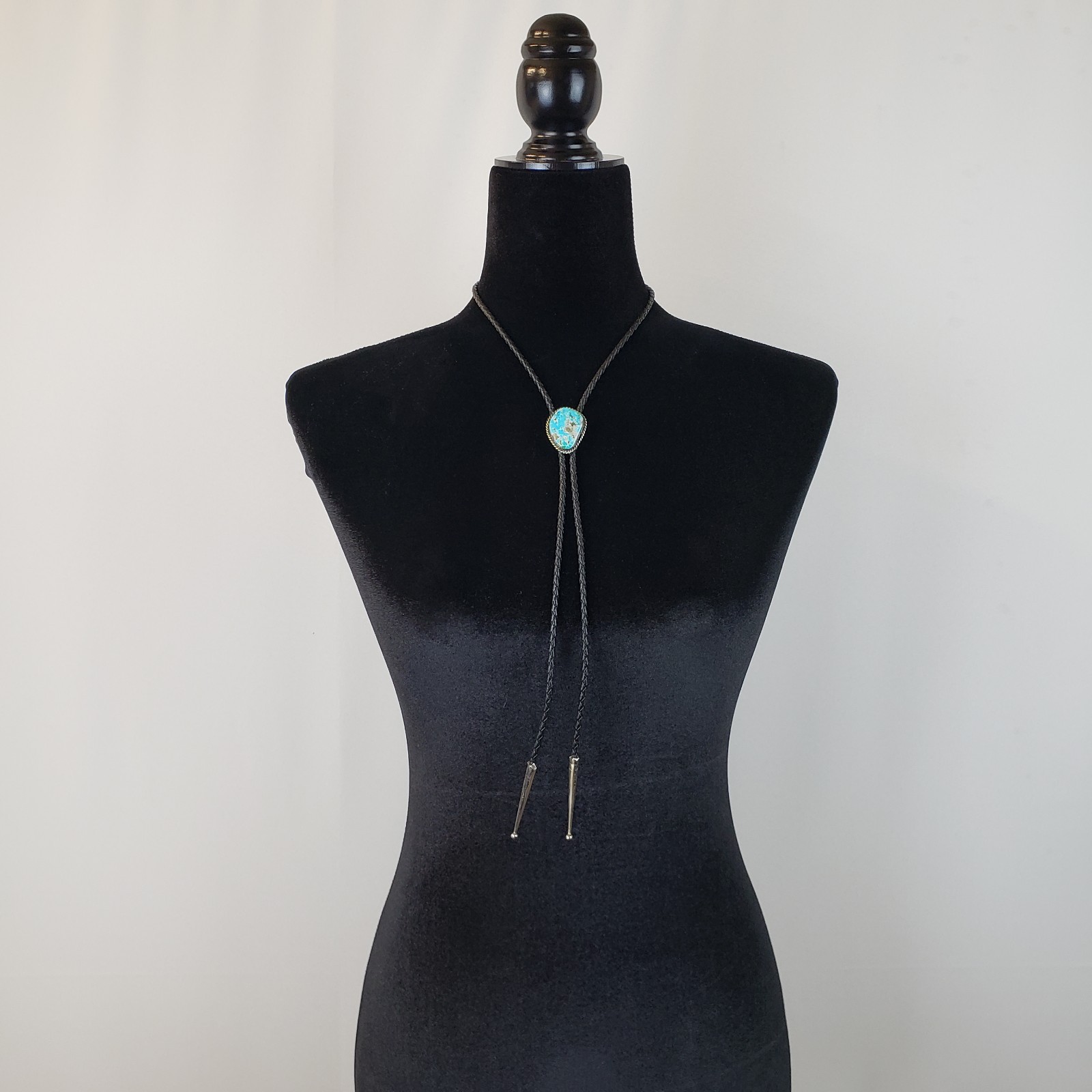 Vintage Turquoise Bolo Tie Sterling Silver Bezel Native American Signed S