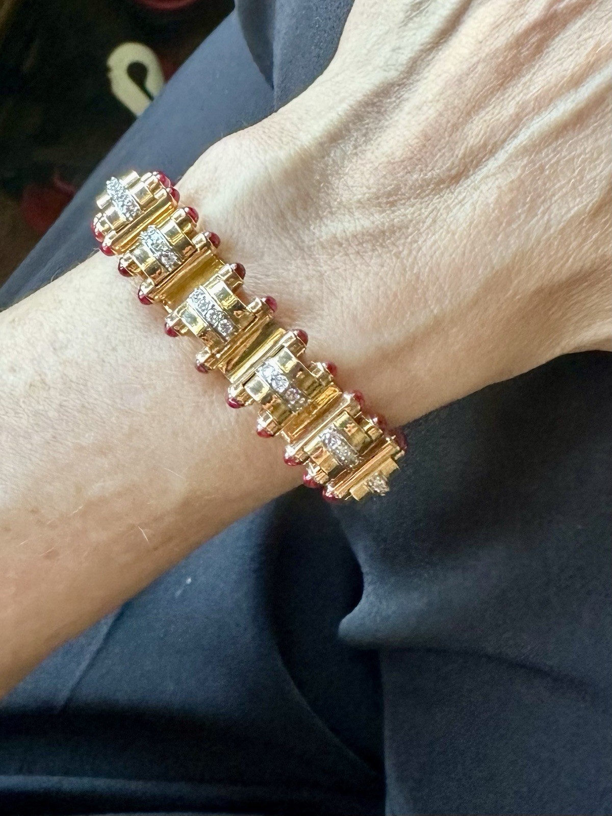 Signed J. Roca Retro Diamond & Cabochon Ruby Bracelet – 18k Rose Gold