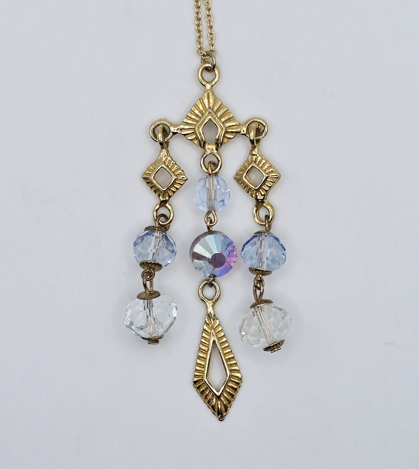 Vtg Aurora Borealis AB Crystal Chandelier Pendant Lavalier Necklace Gold Tone