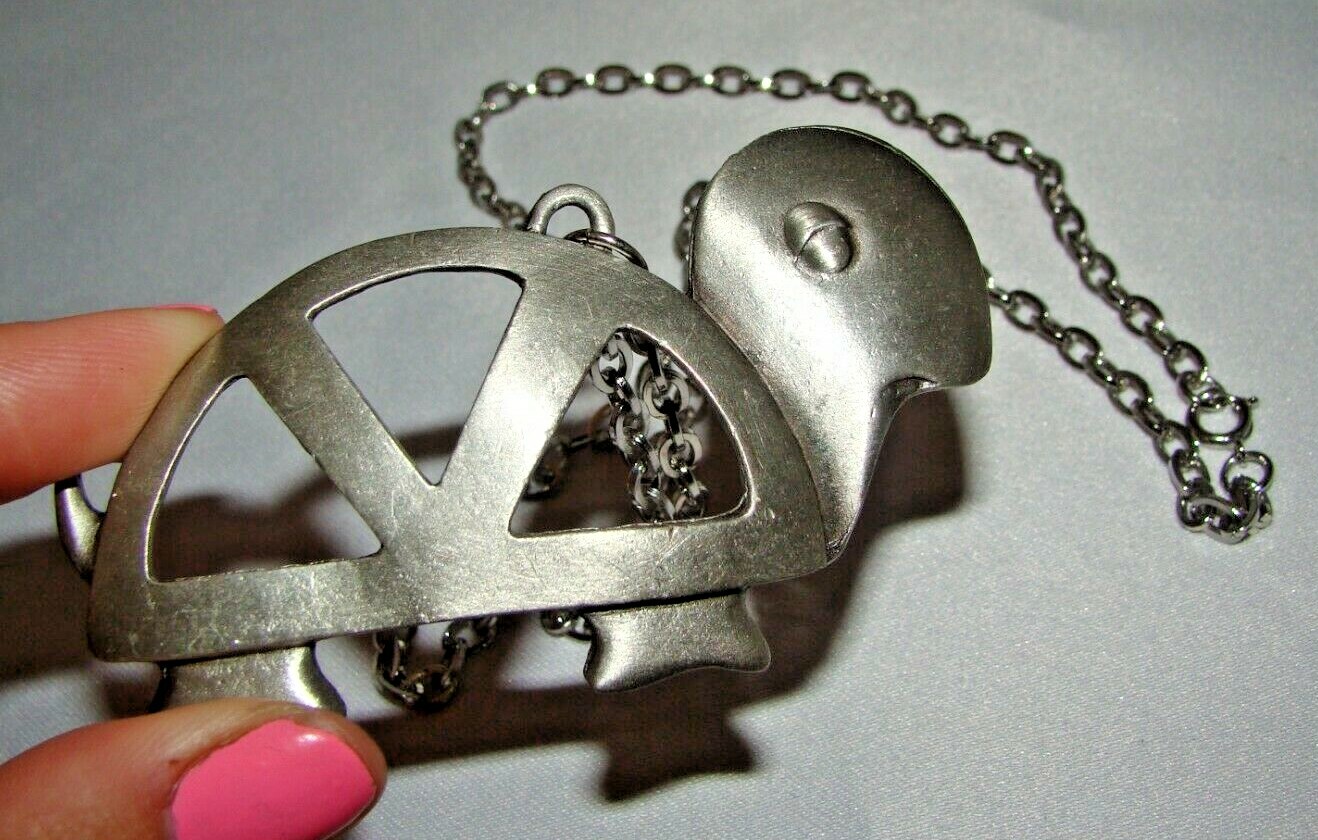 Vintage Silver Tone Metal Chain with Pewter Big Turtle Pendant 3″ Necklace