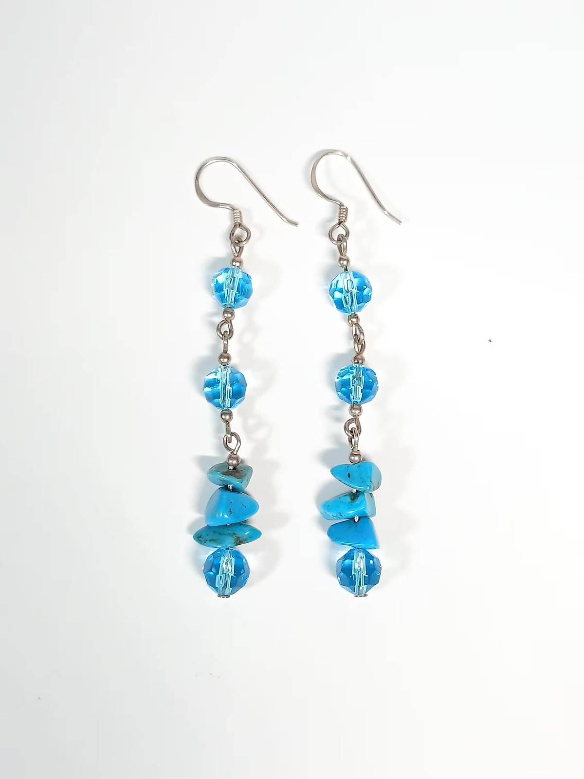 Sterling Silver Turquoise Chip Blue Crystal Dangle Earrings