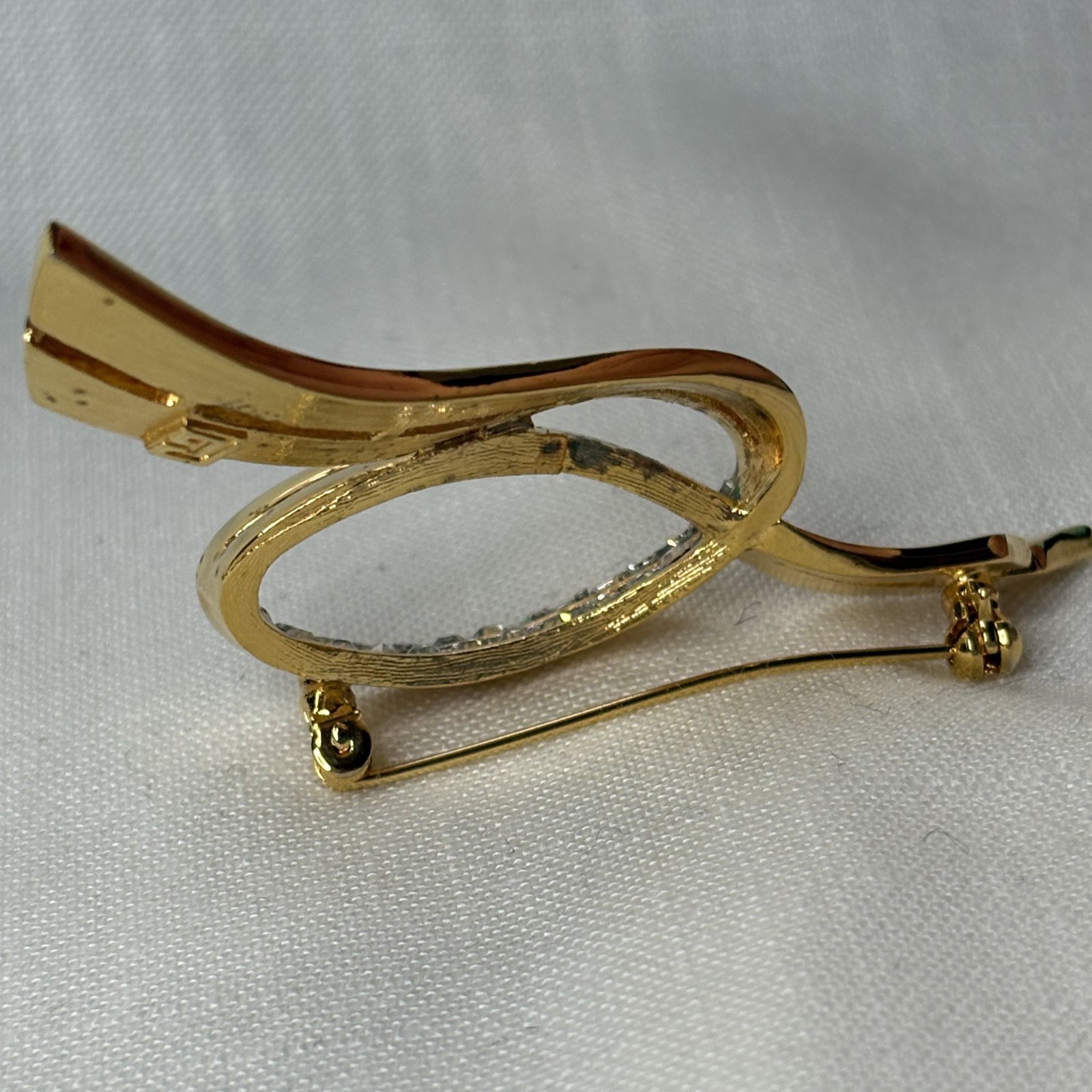 PIERRE BALMAIN Vintage Brooch Swirl Ribbon Gold Tone Rhinestone