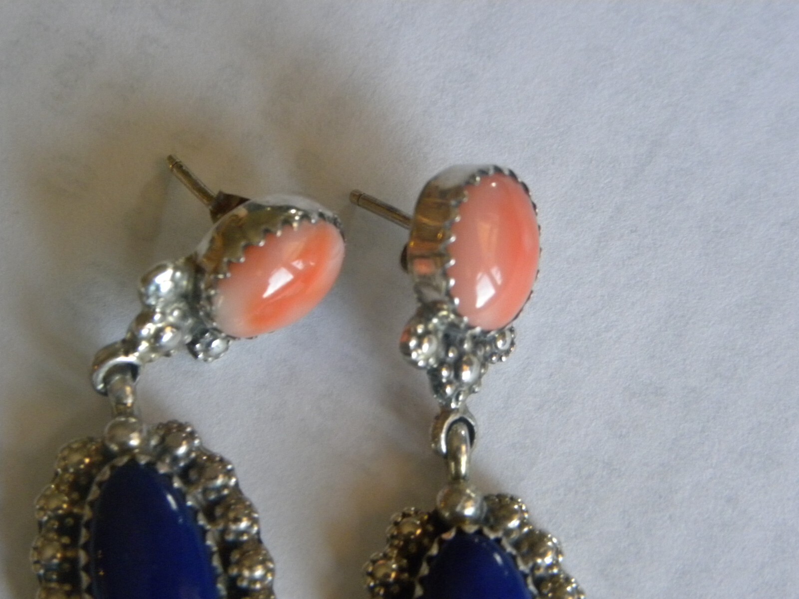 Vintage Sterling Lapis & Spiney Oyster Post Back Earrings Signed “J J” 1-5/8″