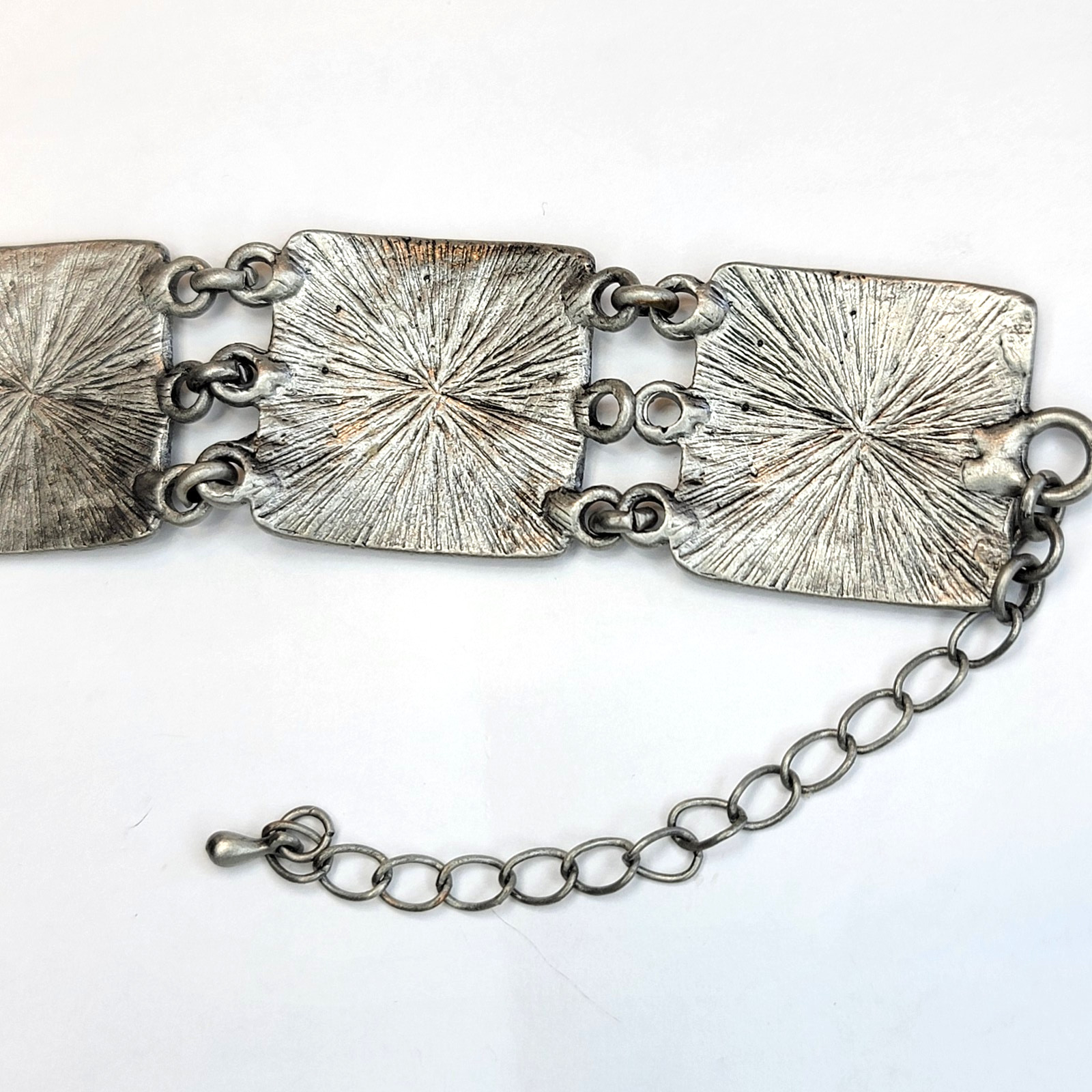 Vintage Modernist Silver Tone Link Y2K Bracelet Olivine Enamel Articulated Panel