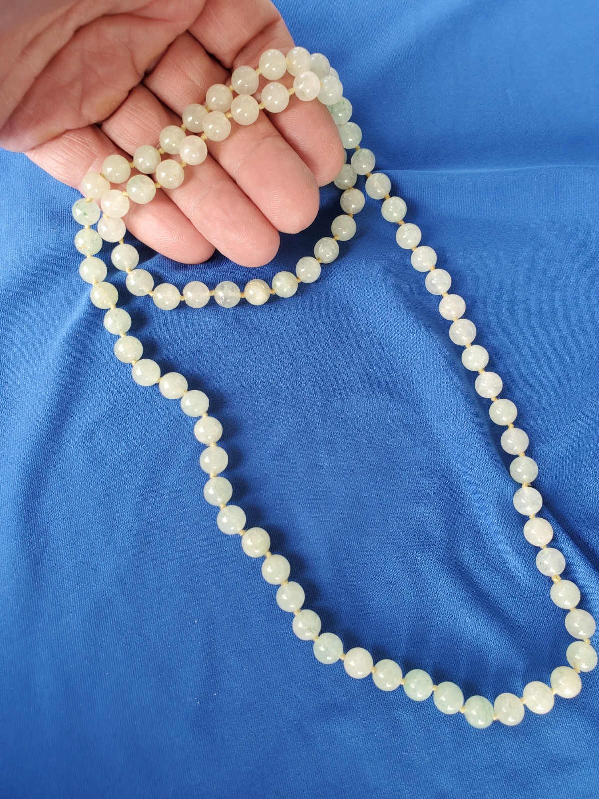 Original Old JADE White Green 8 Millimeters Deco Necklace Vintage 30″ inch Long