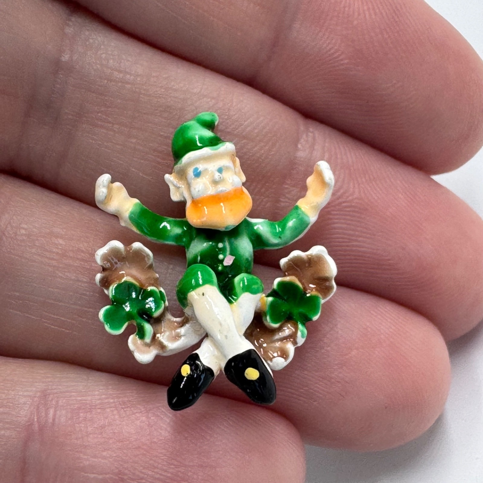 Vintage Leprechaun Figurine Lapel Pin Shamrock St Patrick Day Green Enamel