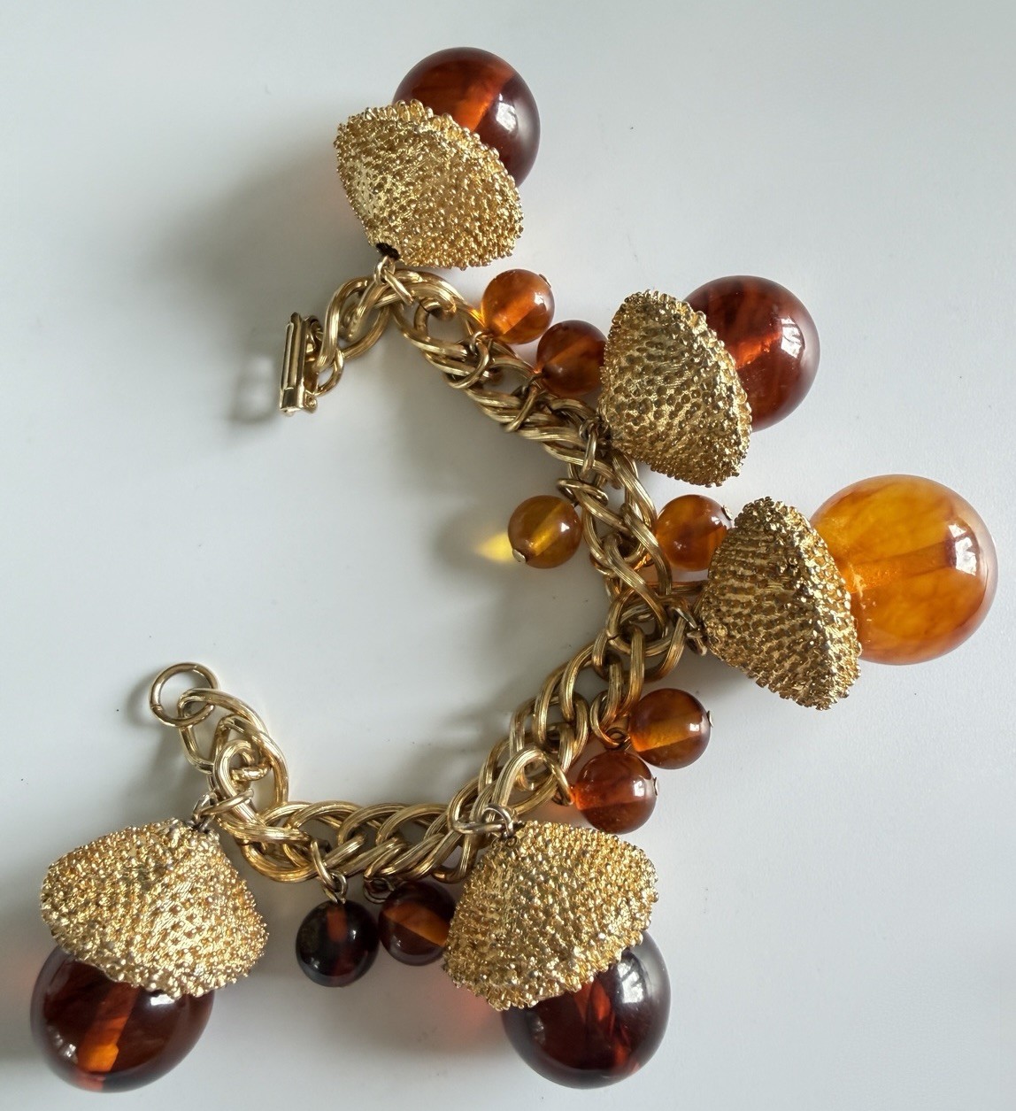 Vintage MCM Chunky Acorn Charm Bracelet Oversized Amber Glass Style Lucite Gold