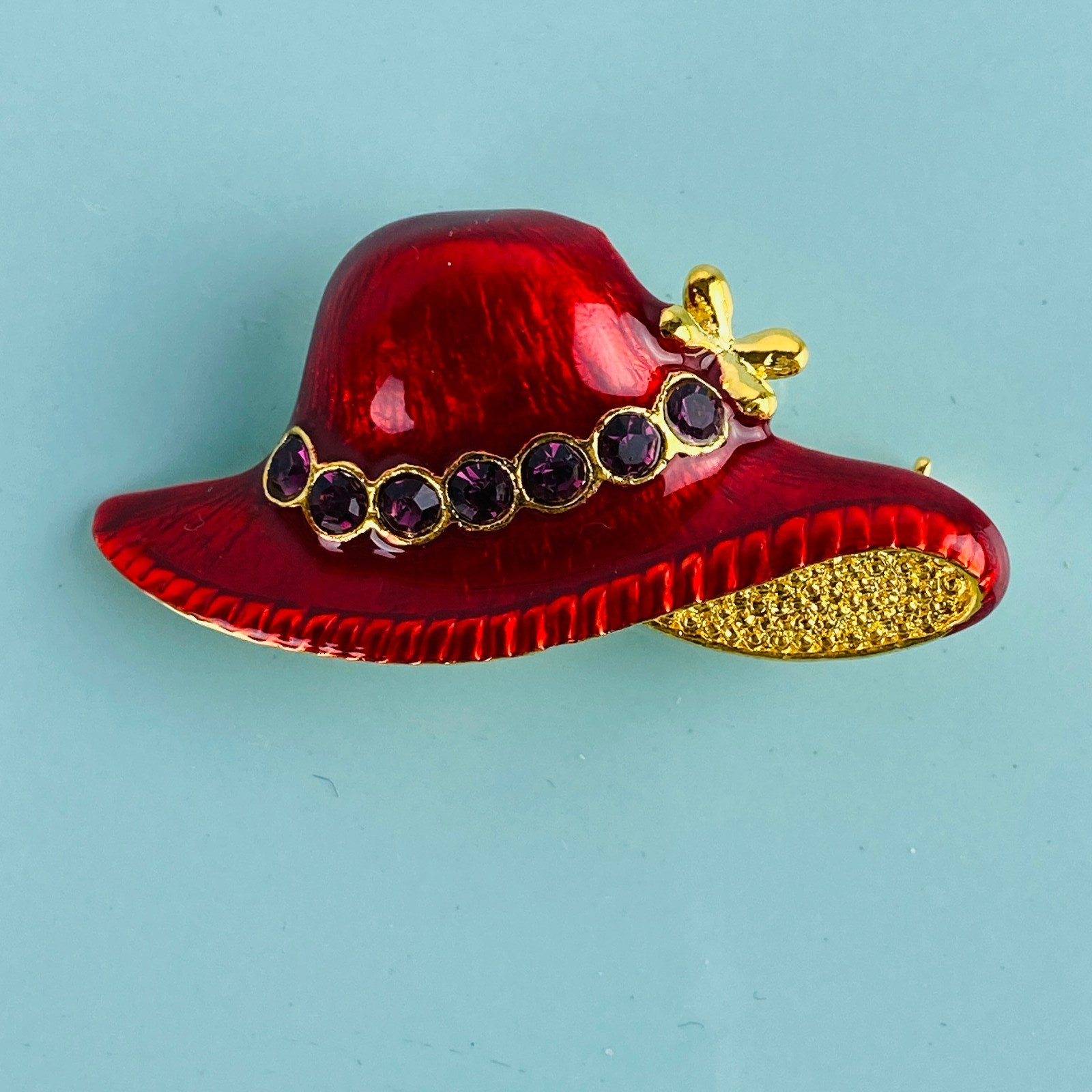 Red Hat Society Brooch Red Enamel Gold Tone Purplish Pink Rhinestones Pretty Pin
