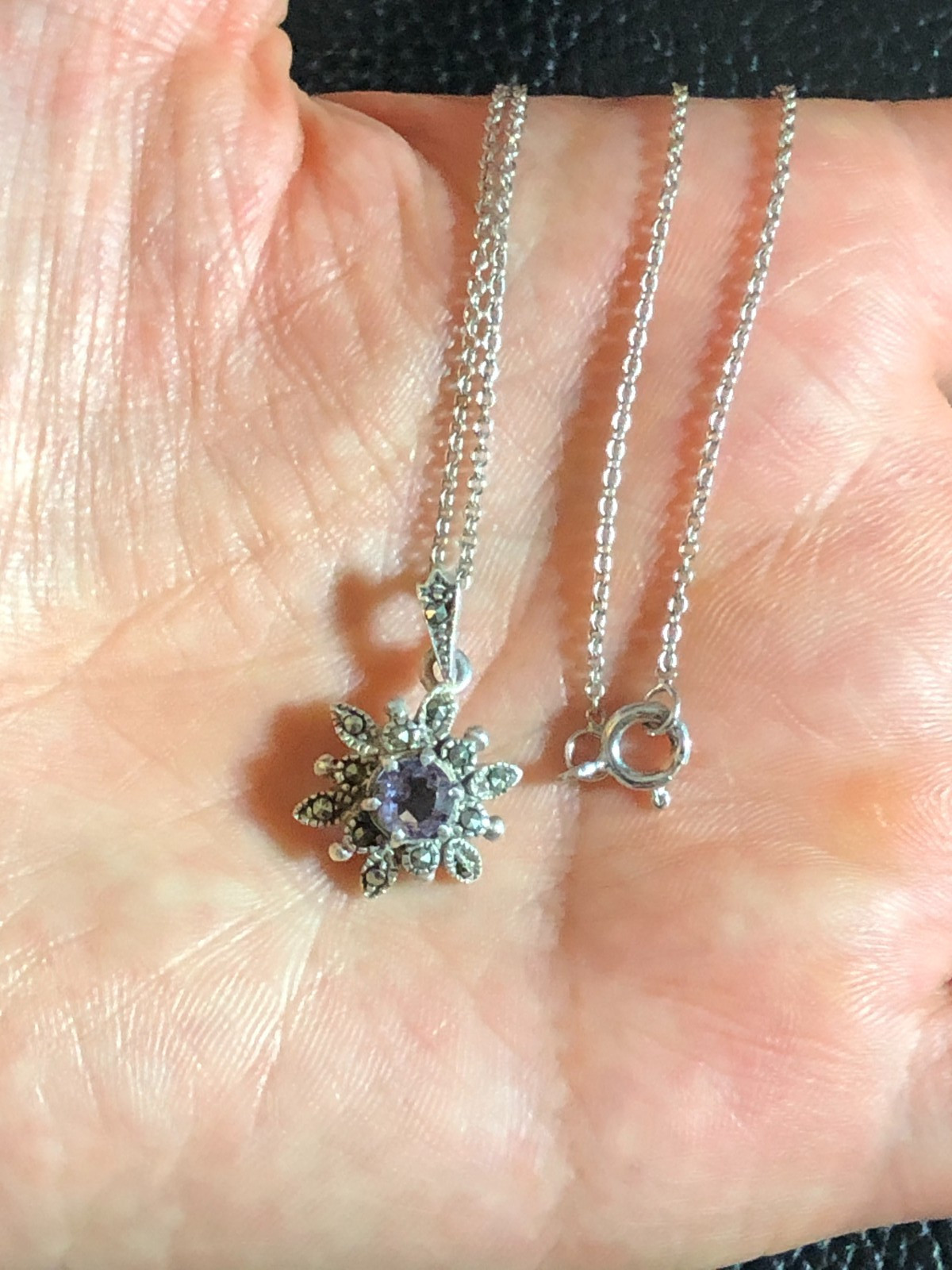 Vintage Sterling Silver Amethyst Marcasite Flower Necklace 925 Natural 16″ 6086