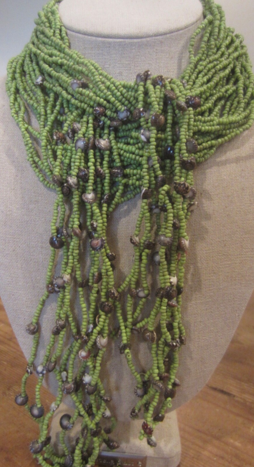 Green Multi-Strand Green Glass Beaded w/ Shells 66″ Long wrap statement Necklace