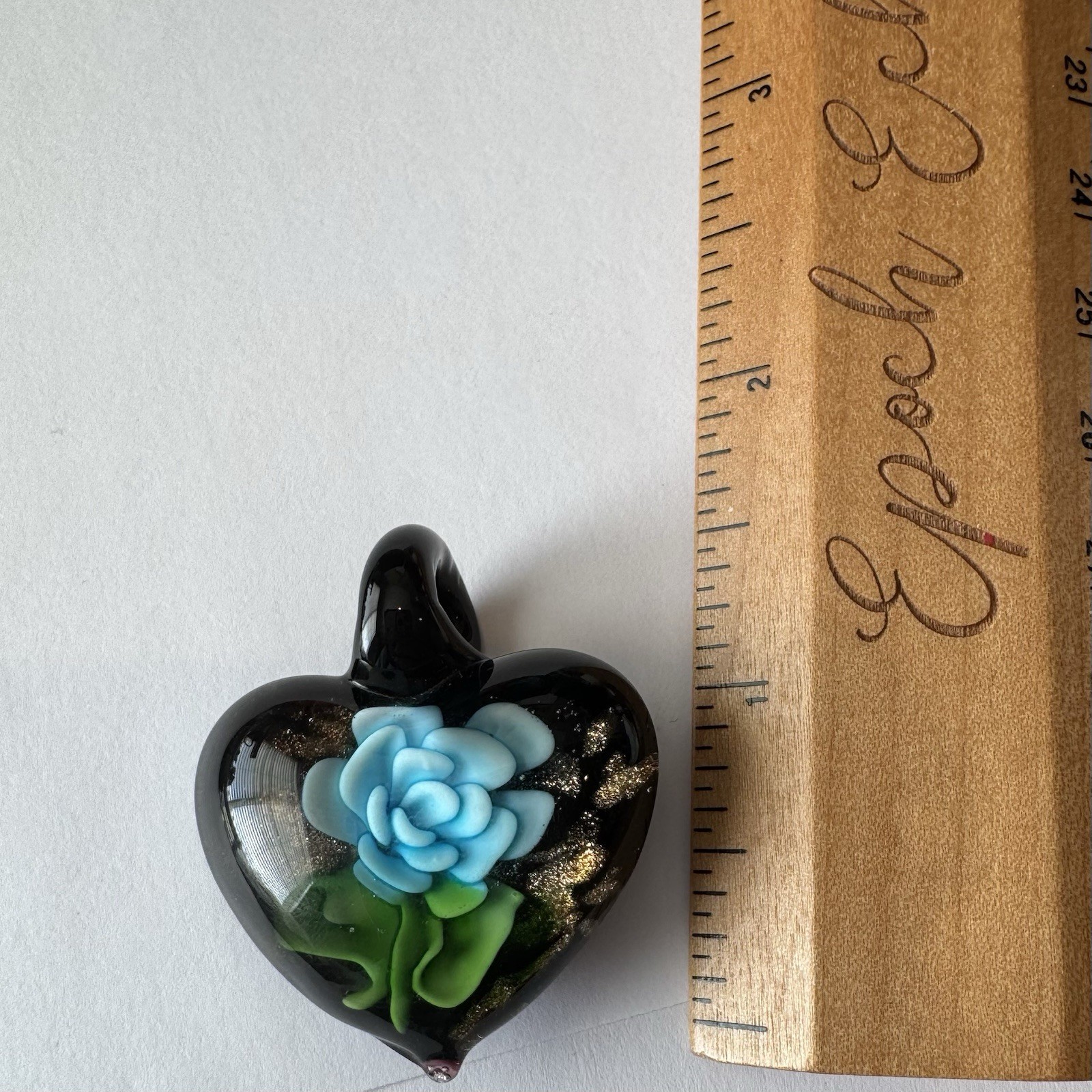 Lampwork Glass Heart Pendant with Radiant Blue Floral Blossom and Gold Glitter