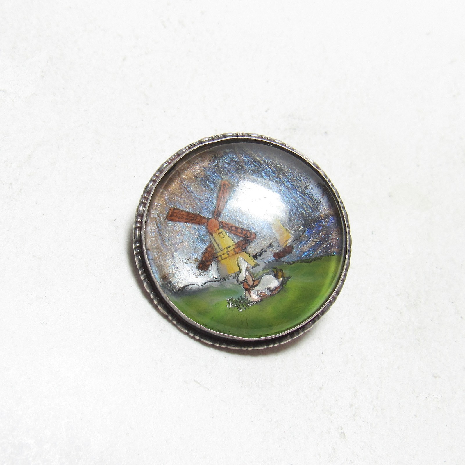 1890s Victorian Sterling Silver Enamel Butterfly Wing Windmill England Brooch
