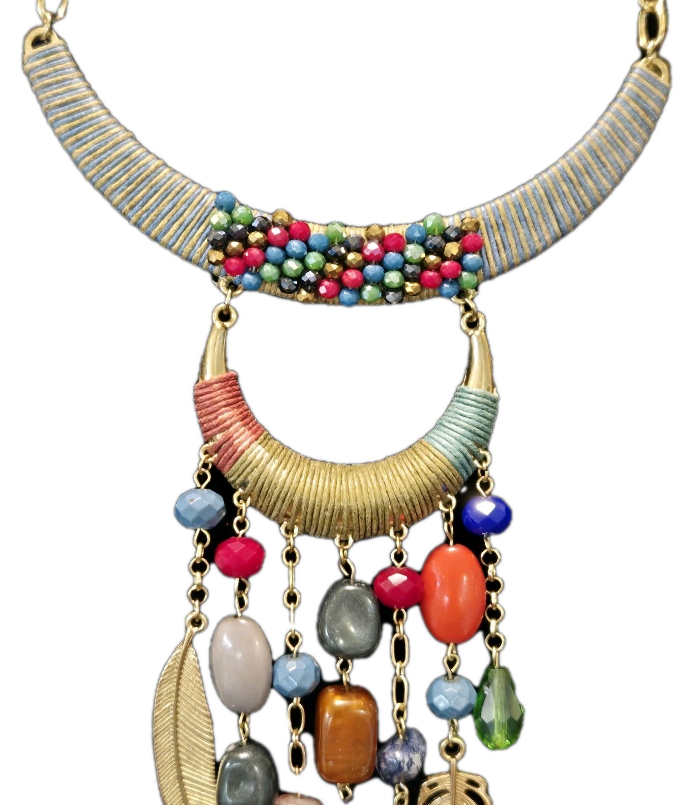 VTG 18″ Boho Necklace Statement Tribal Design Multicolor Beads Feather Tassel