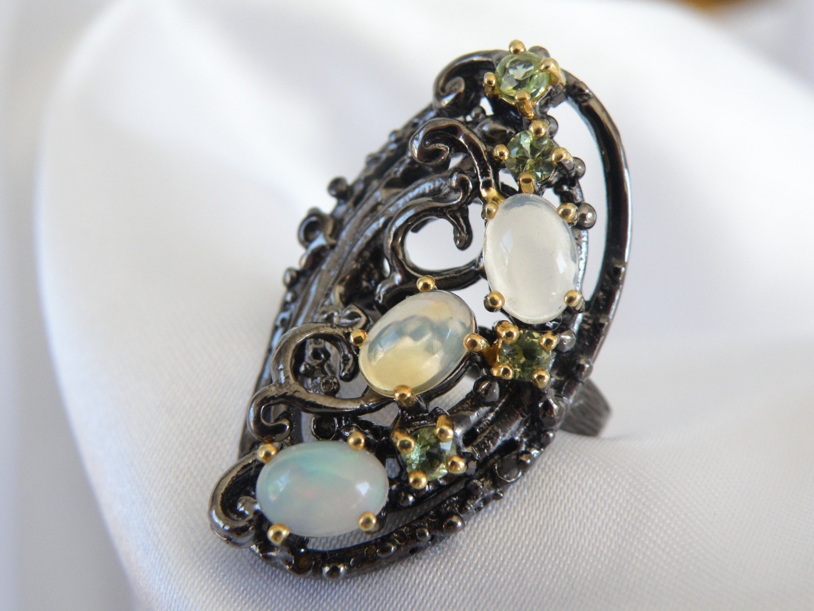 Brutalist Sterling Silver 925 Ethiopian Opal Peridot Modernist Ring Size 8