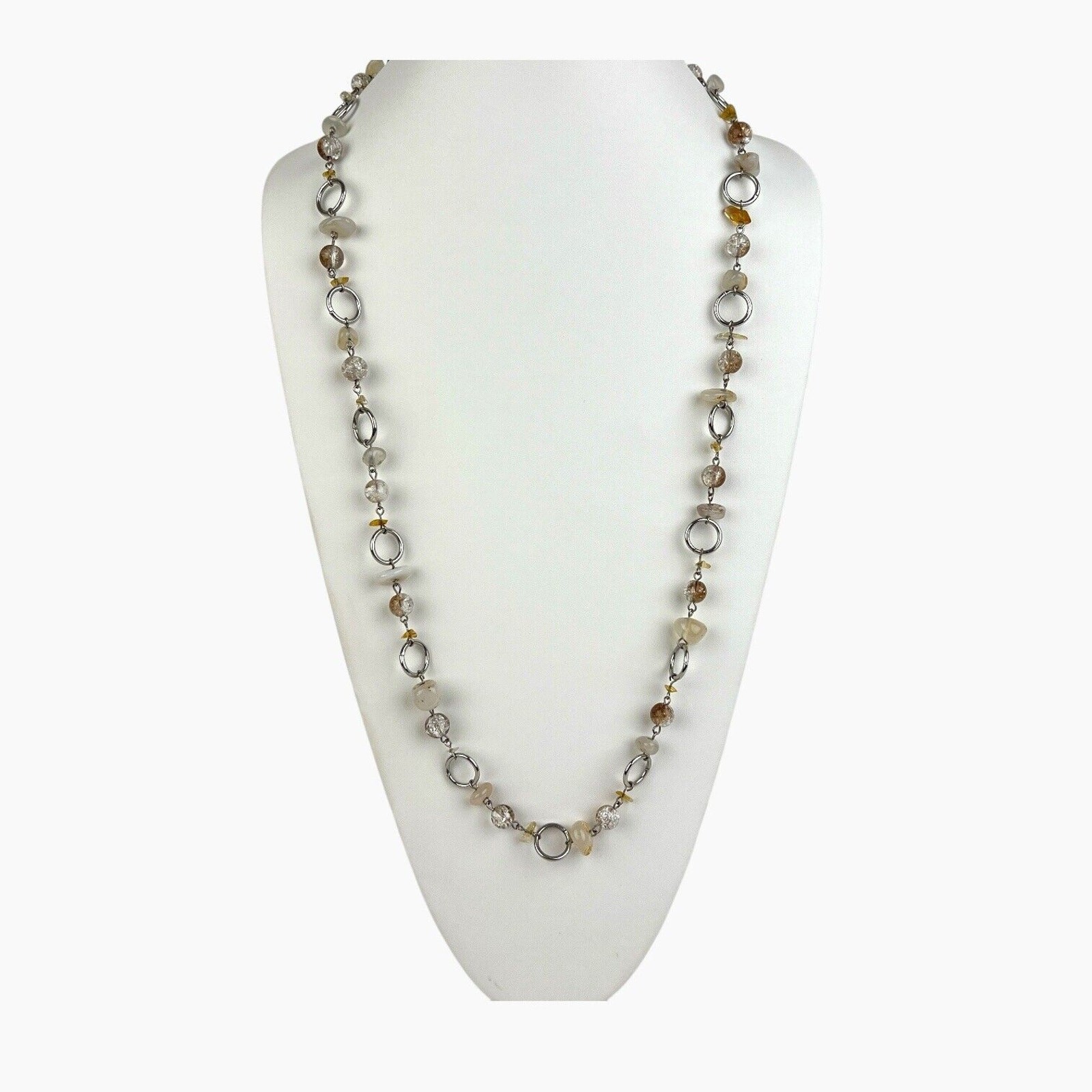Cookie Lee Glass Beaded Necklace Natural White Brown Stone Silver Tone Vintage