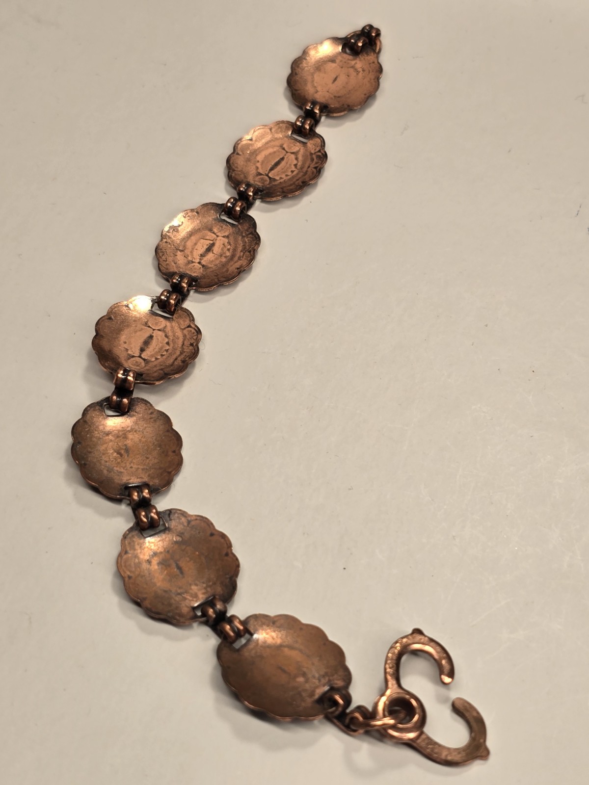 BEAUTIFUL 3/4″ WIDE ESTATE SOLID COPPER STAMPED CONCHO LINK BRACELET 7 3/8″ LONG