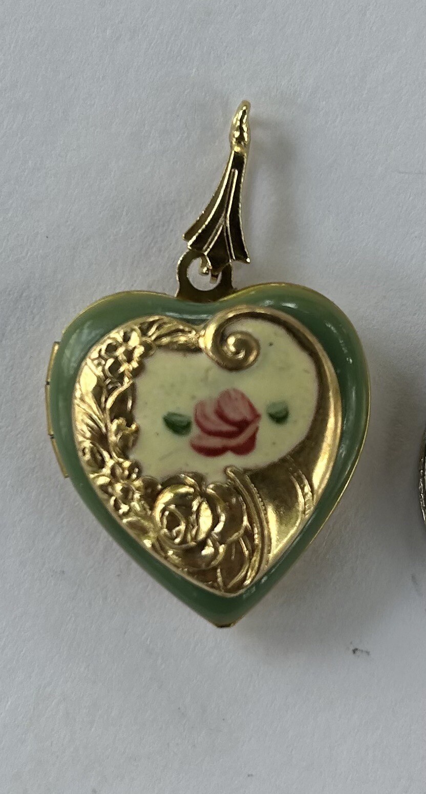 2 Vintage Enamel Heart Locket, Cornucopia, Floral 14k Gold Plated, Hand painted