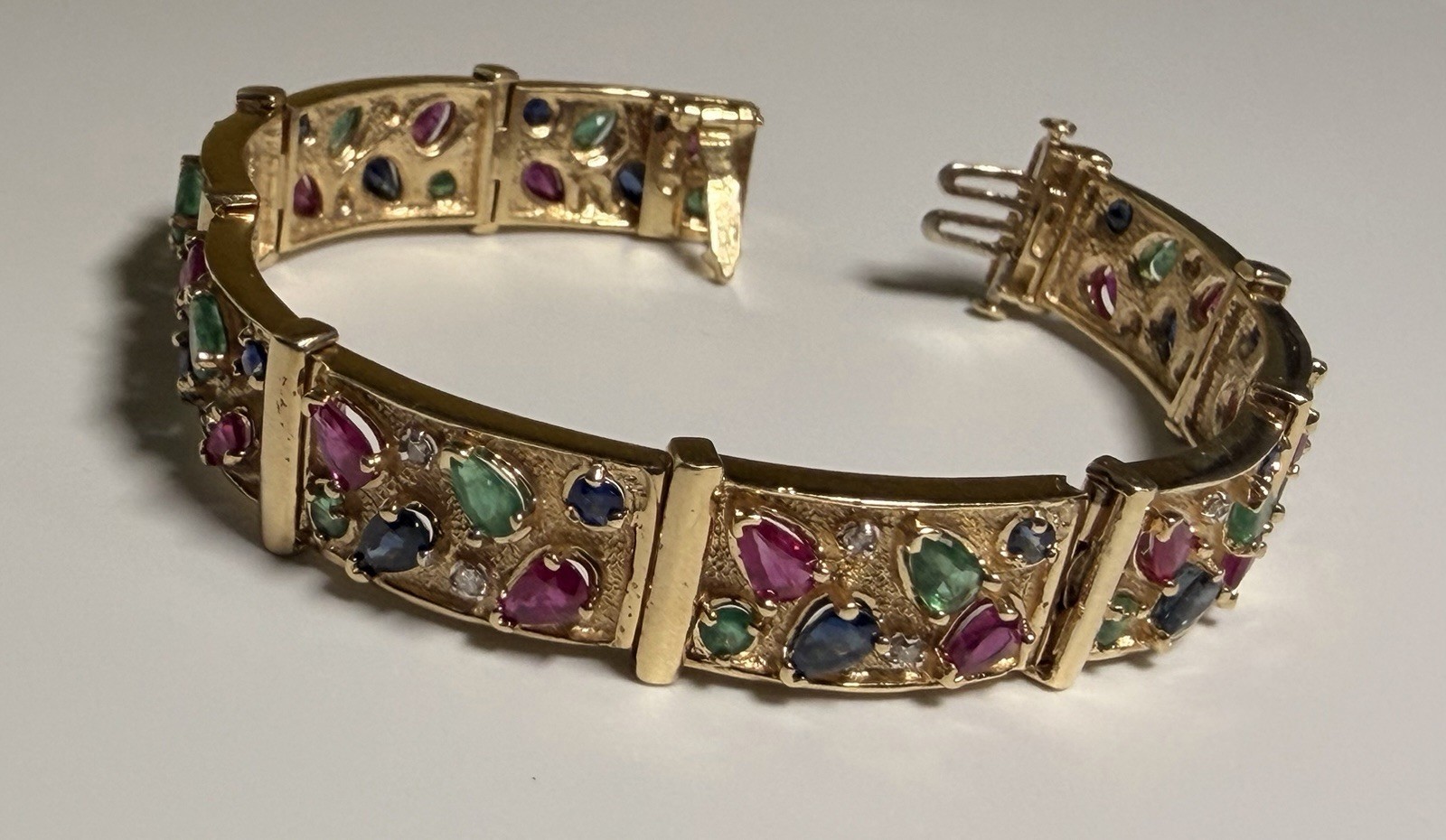 Vintage 14K Yellow Gold Ruby Emerald Sapphire Diamond Link Bracelet 7.25”