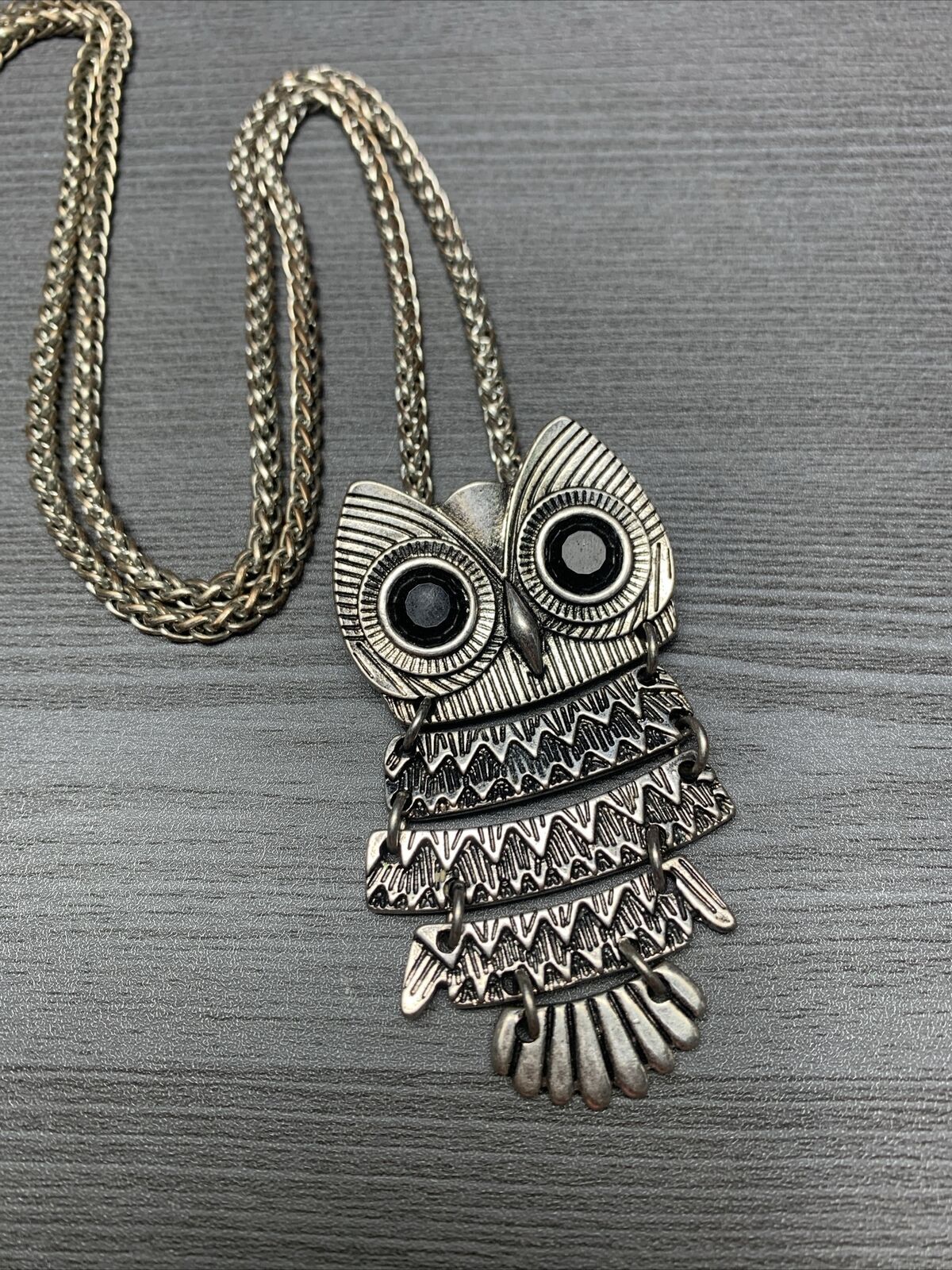 Vintage articulated, owl, rhinestone eyes wheat link chain, Pendant Necklace 24