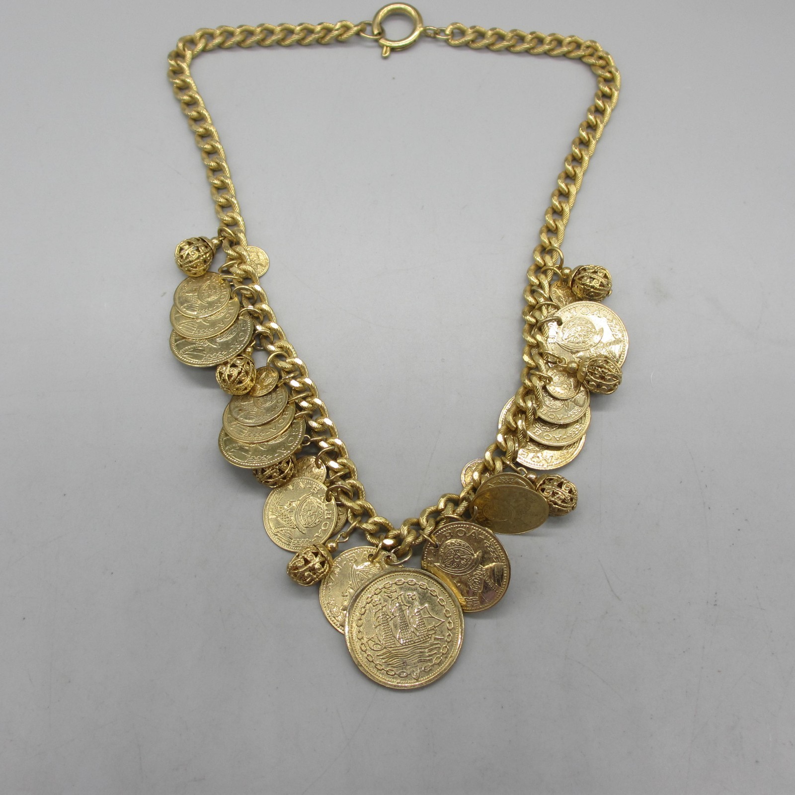 Vintage Faux Coin Necklace Charm Dangle Roman Soldier Gold Tone 18 Inch