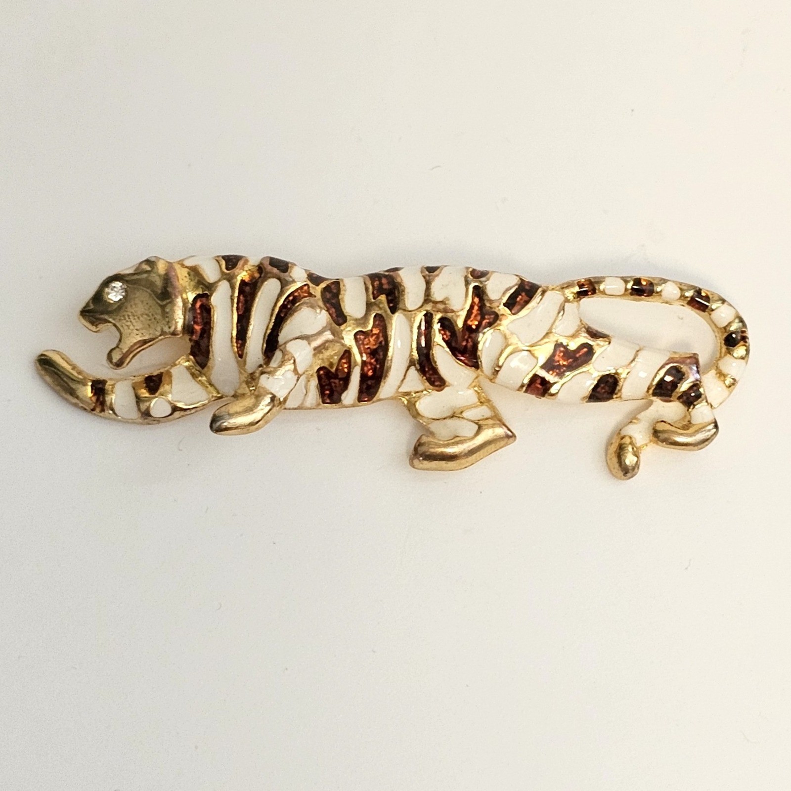 Vintage Gold Tone Enameled Panther White Brown Shimmer Brooch Pin