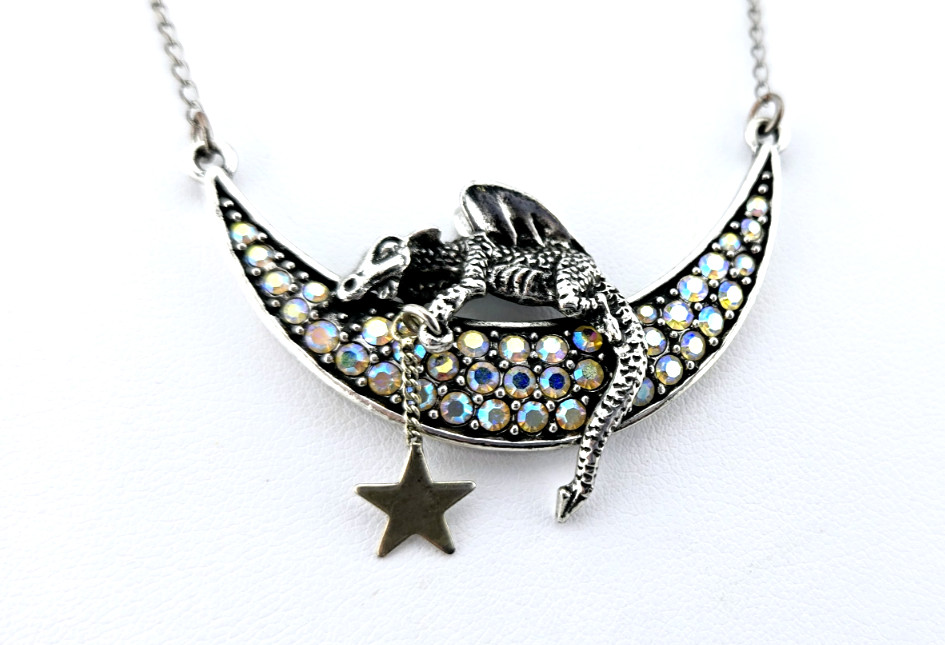 Kirks Folly 17.5in ST Aurora Borealis Rhinestone Dragon Moon Necklace #34