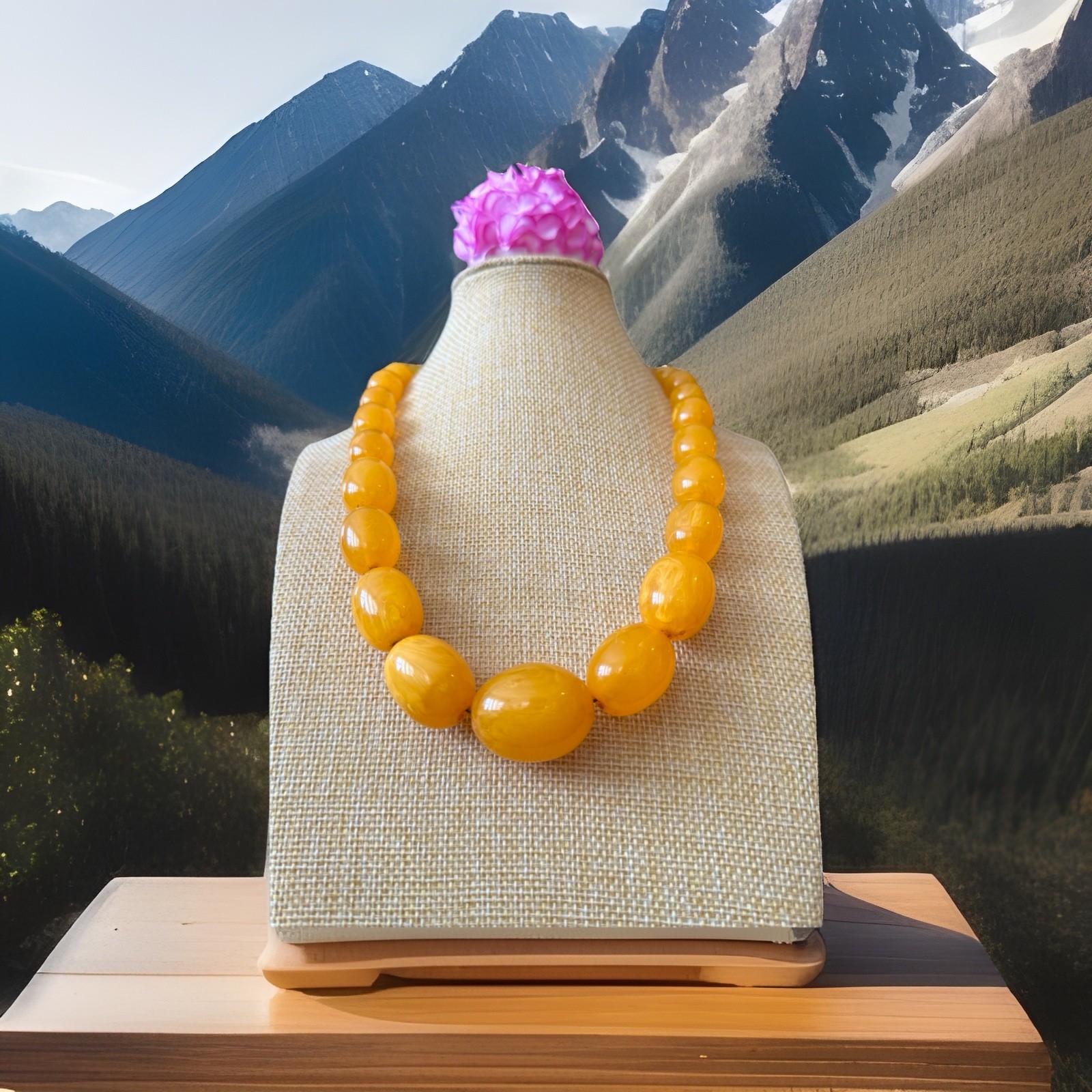 Vintage Style Oval Shape Translucent Egg Yolk Amber Resin Beads Necklace 106gr